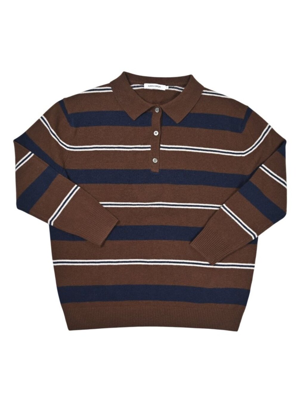 Almina Concept Lightweight Wool Polo Sweater in Brown Stripes